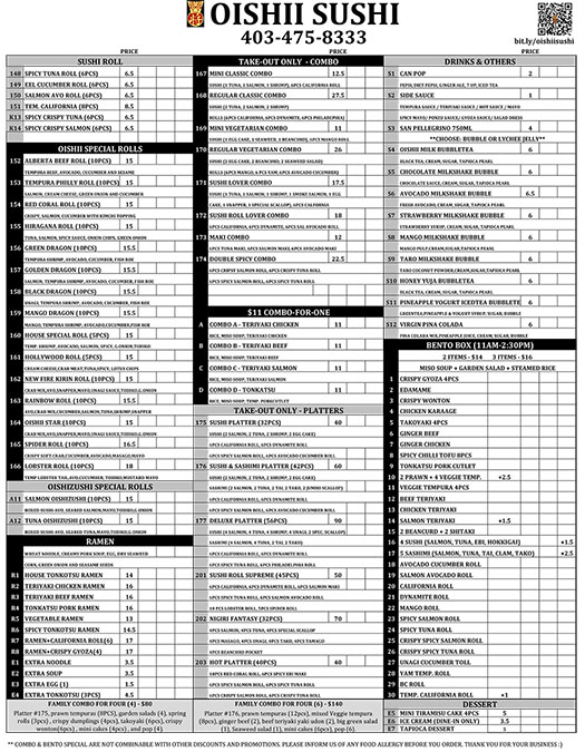 Oishii Calgary Takeout Delivery Menu Page 2